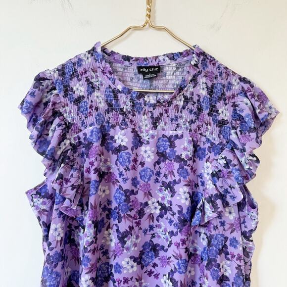 City Chic Bella Purple Floral Smocked Ruffle Sleeveless Blouse M / 18 - Picture 4 of 10